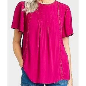 Knox Rose Eyelet Ladder Stitch Top Blouse Magenta Pink Flutter Short Sleeve XL